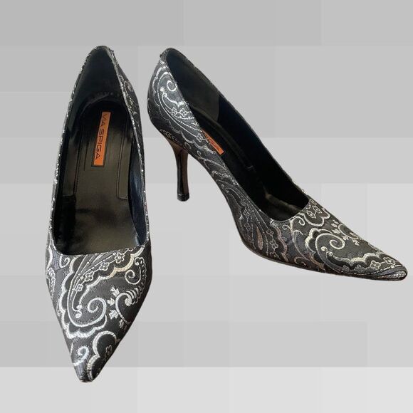 Via Spiga Black Gray Silver Brocade Pointed Toe Pumps Heels Italy, size 9M - Picture 1 of 16